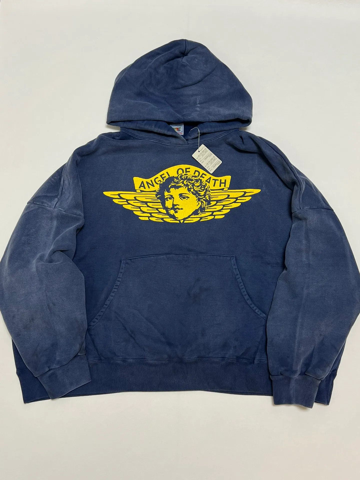 SAINT M×××××× ANGEL HOODIE/NAVY Angel Reborn Blue Hoodie Washed Blue S-XL Assute Garment Dyeing Full Clothes Water Fading Mud Dyeing Dirty Distress New Vintage Ceiling God Tailoring Original Super Loose Fit Customized Original Accessories God-level Print Restoration
